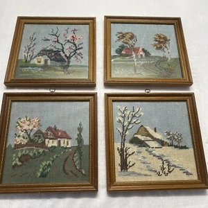 Vintage 4er Set Jahreszeiten Haus gerahmt fertig Nadelspitze Kunst handgefertigt 11x11 - Bild 1 von 11