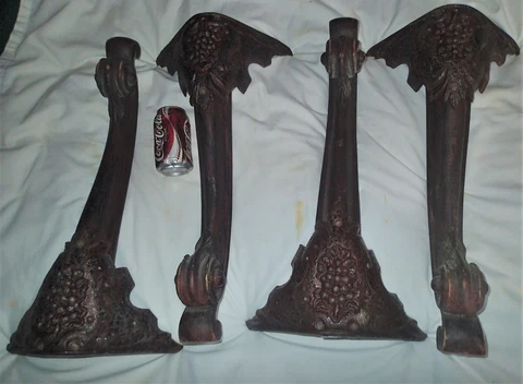 FOUR ANTIQUE PRIMITIVE FURNITURE TABLE WOOD LEGS FANCY CARVED CAST IRON HARDWARE Cover
