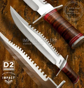 IMPACT CUTLERY CUSTOM D2 SAW TOOTH RAMBOO BOWIE KNIFE STACKED LEATHER HANDLE - Picture 1 of 11