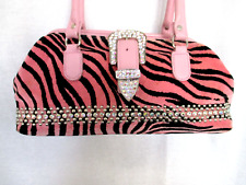 Raviani Handbag Satchel Pink Faux Suede Zebra Print With Stud & Crystal Trim