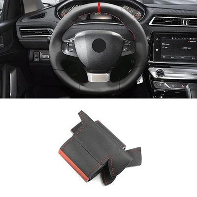 DIY Black+Red Hand Sewing Leather Steering Wheel Cover For Peugeot 308 2014-2020 - Image 1 of 4