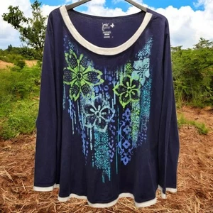 Camiseta informal Just My Size para mujer 5X Lagenlook azul verde floral manga larga - Imagen 1 de 9