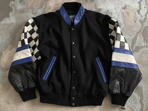 Burk's Bay Black Wool & Leather Checkered Sleeve Racing L Jacket Coat Snap Up - Bild 1 von 6