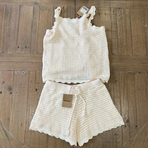 Mini Boden Crochet Knit Tank Top And Shorts Set Neutral Bohemian NWT 11-12 Kids - Picture 1 of 10