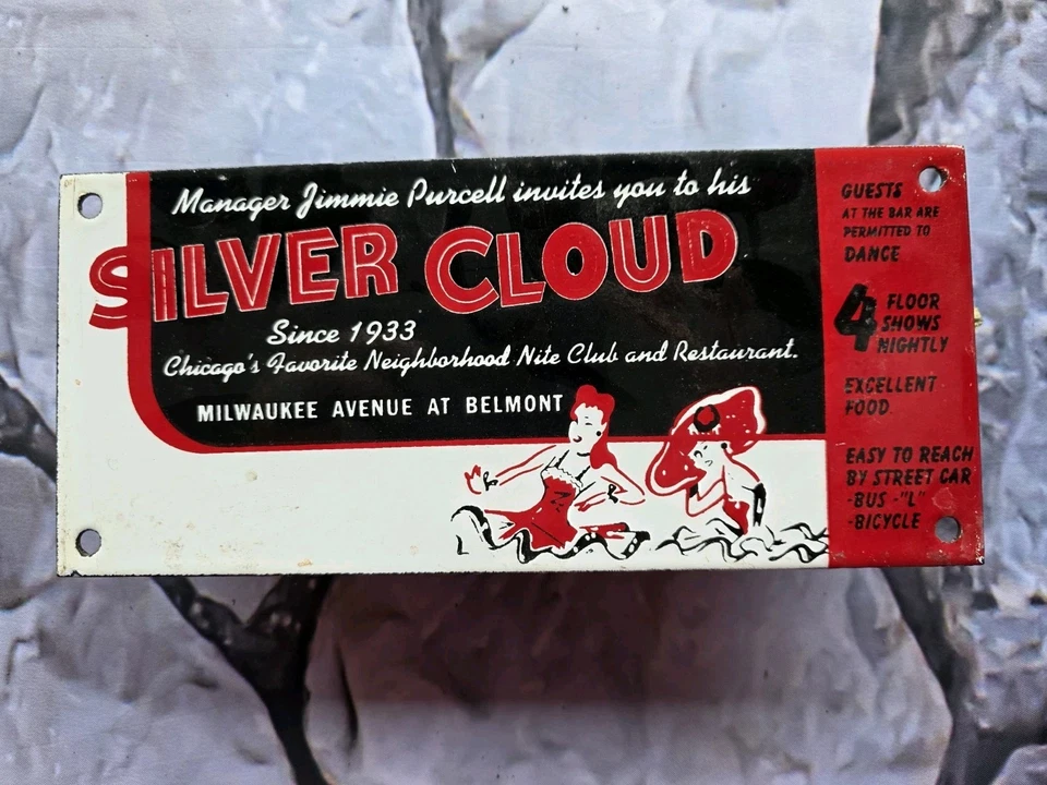 LETRERO DE PORCELANA VINTAGE SILVER CLOUD NIGHT CLUB 10"×4.5" Foto 1 de 4