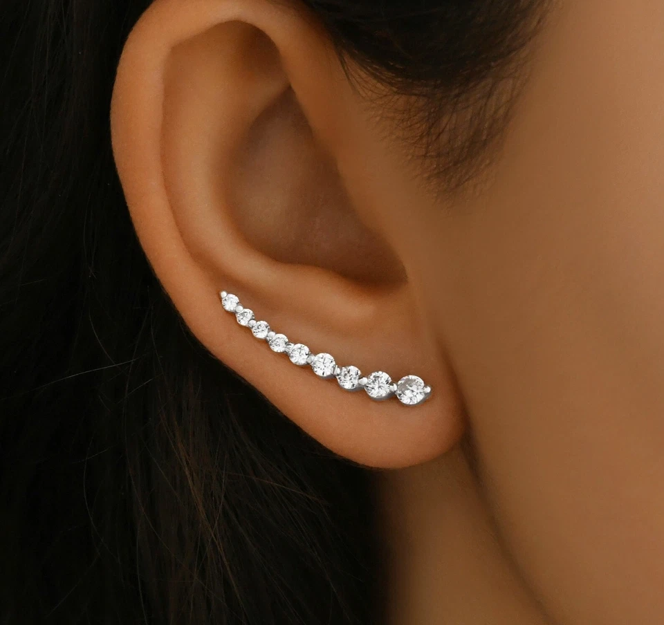 1Ct Lab Grown Diamond Climber Earrings E-F VS1 14K White Gold Over 925 Graduated Foto 1 de 1