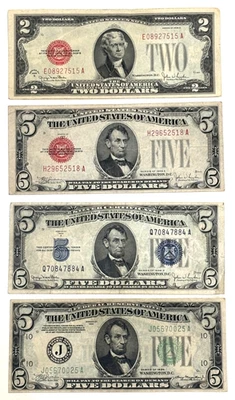 1928 $2 Nota dos EUA - 1928 $5 Nota dos EUA - 1934 $5 Certificado S. - 1934 $5 Nota FRB. - Imagem 1 de 2