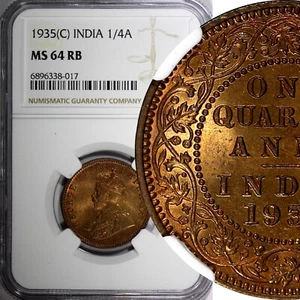 India-British George V Bronze 1935 (C) 1/4 Anna NGC MS64 RB KM# 512 (017) - Picture 1 of 5