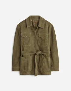 Women's Latest Green Suede Leather Belted Jacket Mid-Length Military Style Coat - Picture 1 of 12