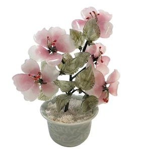 Vintage 1980s Glass Bonsai Tree 5.5"x7.5 Faux Flowering Pink Glass Sakura Flower - Picture 1 of 7