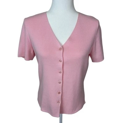 Hampshire Studio Cotton Knit Womens Pink Short Sleeve VNeck Button Down Sweater  - Image 1 of 4