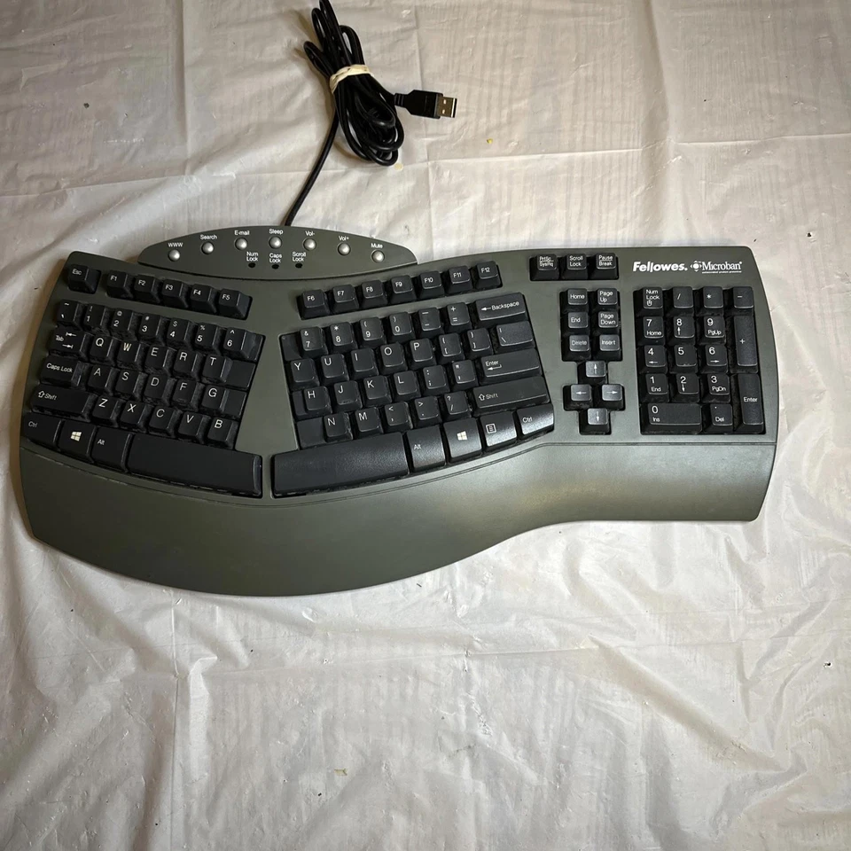 Fellowes Microban KU-9938 Ergonomic Keyboard Split Design USB Wired Gray WORKS - Image 1 of 4