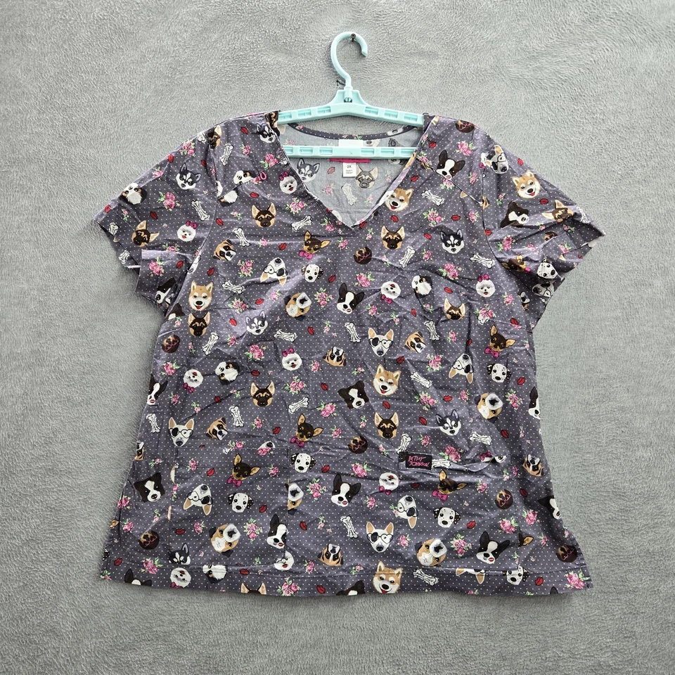 Betsey Johnson Women Scrub Top 2X Gray Graphic Print Dog Faces B120PR Printed - Image 1 of 4