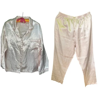 Miss Elaine Petite Large 2 Piece Pajama Set Pants Shirt Pink Satin Dots Lounge - Image 1 of 4