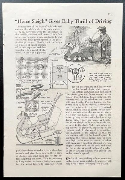 "Horse Sleigh Gives Baby Thrill of Driving" 1936 年 HowTo Build Plans Carriage 雪橇" — 第 1/1 张图片