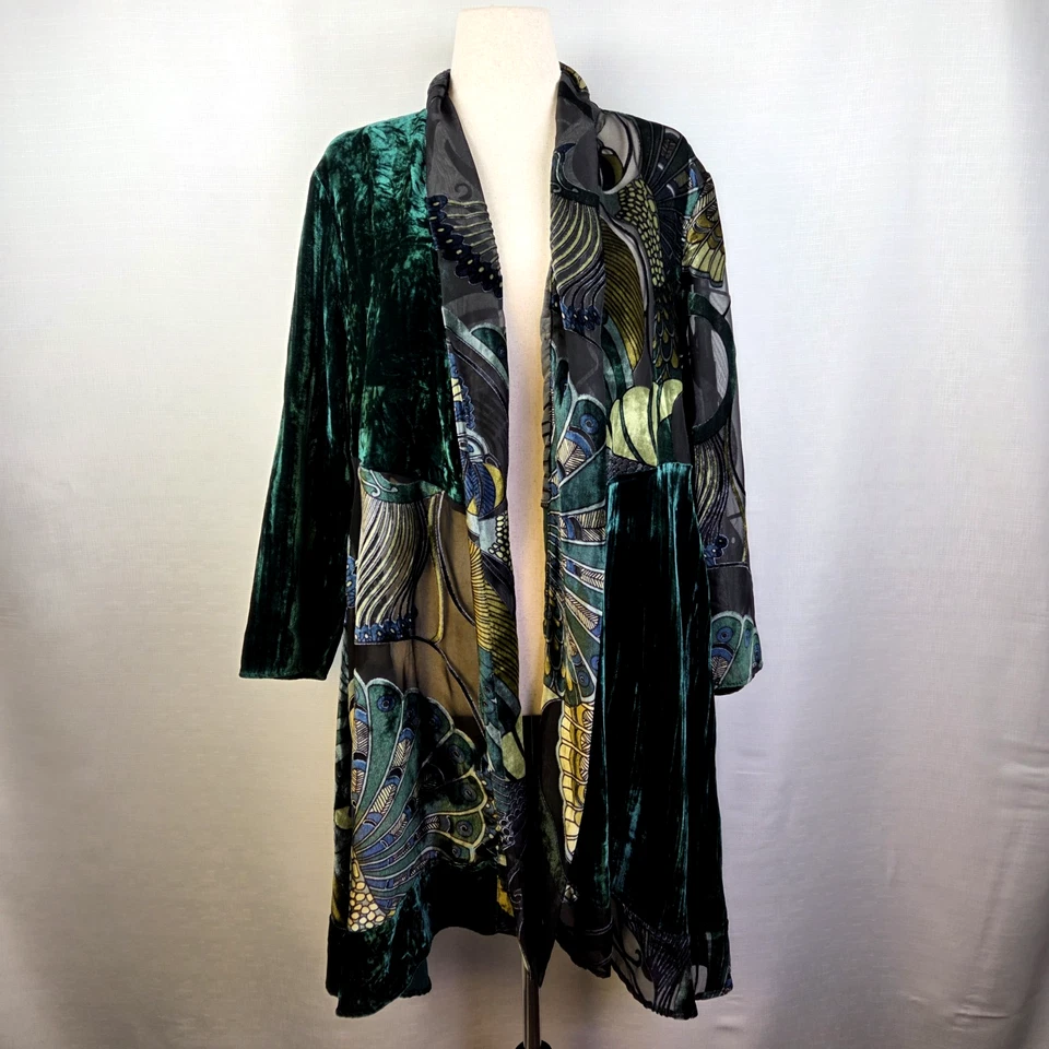 Quimono feminino Chico’s Velvet Peacock Burnout 2 (grande) fada caprichosa verde - Imagem 1 de 4