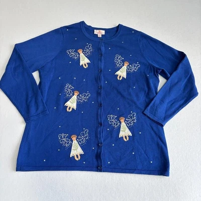 Quacker Factory Novelty Angel Christmas Cardigan Sweater Women's M Blue Fairy   - Image 1 of 4