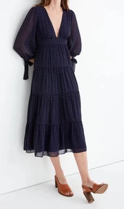 Abito midi Madewell blu navy clip a pois scollo a V manica cravatta boho prateria taglia 10P - Foto 1 di 18