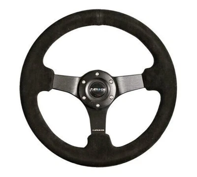NRG Reinforced Steering Wheel (330mm / 3in Deep) Blk Suede w/Criss Cross - Image 1 of 3