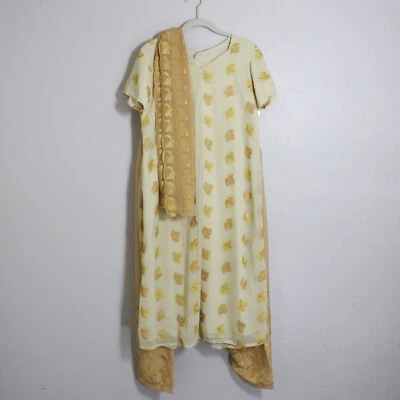 Traje Shalwar Kameez Dupatti Punjabi Conjunto de 3 Piezas Vestido Pantalones Bufanda Crema Hoja Dorada Foto 1 de 4