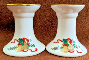 Pair of Porcelain Christmas Candle Sticks Holders Holly Berry Gold Rim - Picture 1 of 9