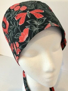 Red Floral Large Lined Medical Scrub Cap Surgery Hat Dental Anesthesiologist - Picture 1 of 4
