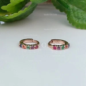 Rainbow Sapphire Super Small Huggies 14K Rose Gold Minimalist Jewelry for Girls - Picture 1 of 13