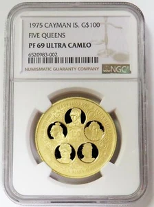 1975 GOLD CAYMAN ISLANDS $100 FIVE QUEENS COIN NGC PROOF 69 ULTRA CAMEO - Picture 1 of 2