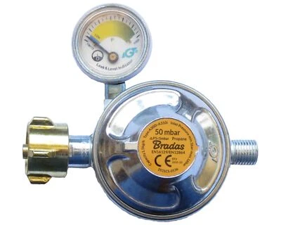 BRADAS Gasdruckregler mit Füllstandsanzeige für Propan Gasflasche Gasgrill 50 mbar
