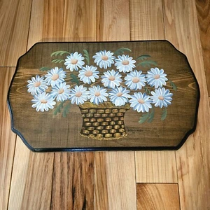 Vintage Handpainted Wooden Plaque Daisy Flowers Bouquet Basket Sign 14 X 9 - Picture 1 of 4