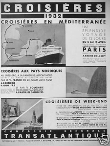PUBLICITÉ 1932 CROISIÈRES EN MÉDITERRANÉE AUX PAYS NORDIQUES EN PAQUEBOT - Picture 1 of 1