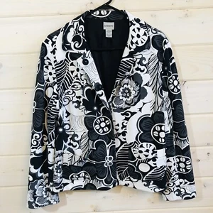 Chicos Womens Snap Front Jacket Sz 2 Large Black White Gray Floral Rayon Blend - Picture 1 of 6