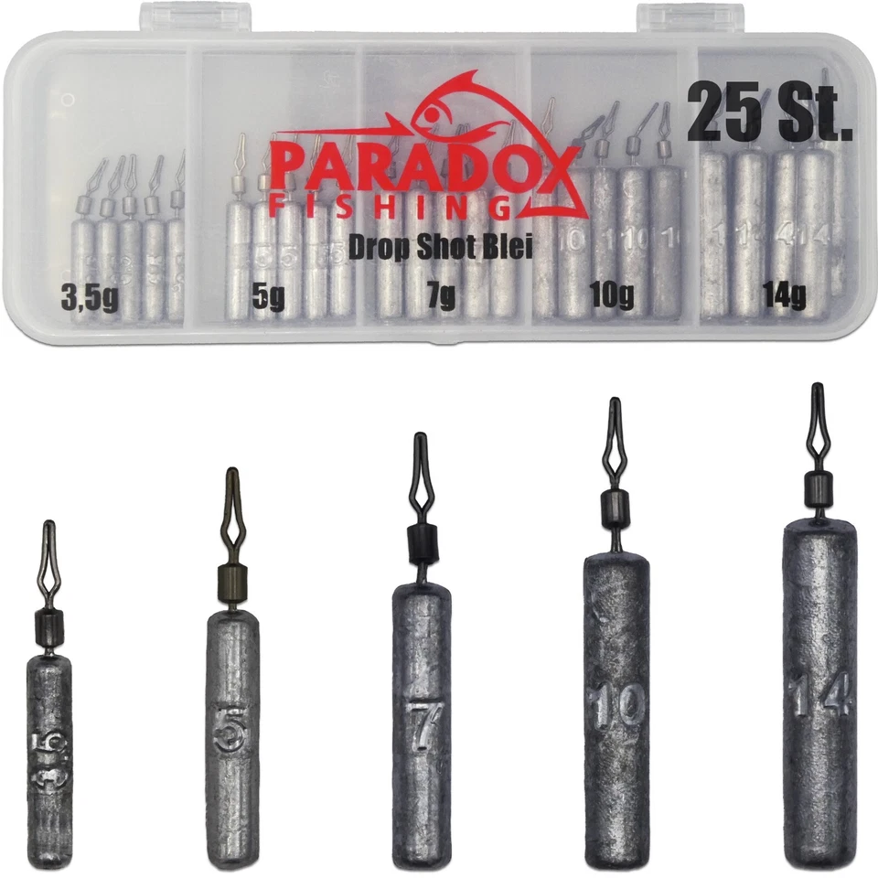 Paradox Fishing Drop Shot Blei Set 3,5g/5g/7g/10g/14g  je 5 Stück mit Box - Bild 1 von 1