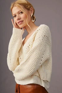 By Anthropologie Layered Cableknit Cropped Sweater, Cream, XS, NWT - Picture 1 of 13