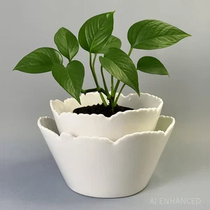 Weißer Keramik Doppel Lotus Eier Topf Übertopf - Abstrakte Moderne Organische Form - Bild 1 von 10