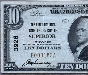 Superior Wisconsin National Bank Note $10 (Charter #3926) Very Fine - Picture 1 of 6