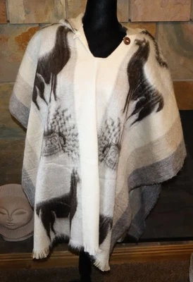 Lightweight BABY ALPACA Wool Hooded Fringed Poncho Pullover UNISEX Handmade - Image 1 of 4