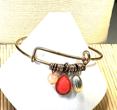 Fashion Bracelet Acrylic Orange Pink Charms Brass Slide Bangle 48C - Image 1 of 2