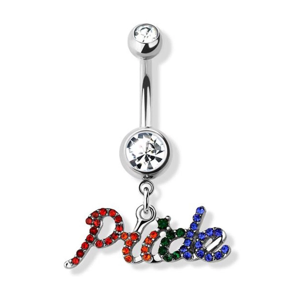 14G Surgical Steel Dangle Rainbow Pride & Cubic Zirconia Navel Belly Button Ring - Image 1 of 1