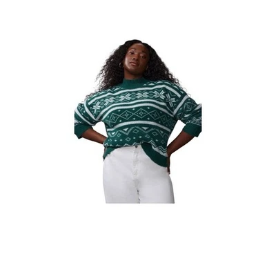 NY&C Womens 2X Green White Snowflake Fair Isle Mock Neck Sweater - Image 1 of 4