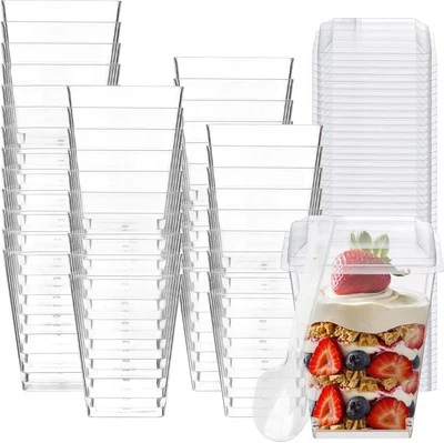 Paquete de 100 tazas de postre de plástico de 5 oz con tapas y cucharas - transparentes de 5 oz,  Foto 1 de 4