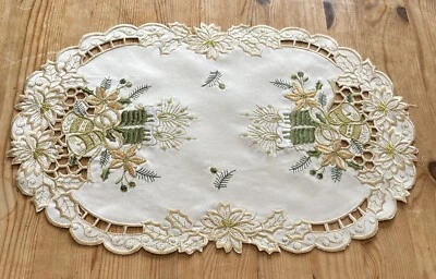 4 Cream Gold Beige Candles Christmas Oval Embroidered Scalloped Edge Placemat - Image 1 of 4