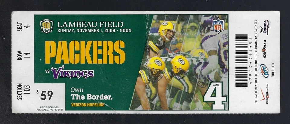 BRETT FAVRE 4 TDs in RETURN to LAMBEAU FIELD 2009 VIKINGS @ PACKERS FULL TICKET - Image 1 of 1