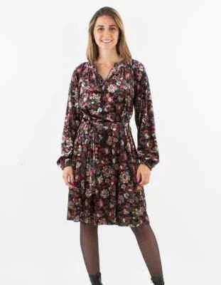Kleid Samtkleid Strickkleid  Damen halblang schwarz bunt  M L  Langarm Blumen - Bild 1 von 2