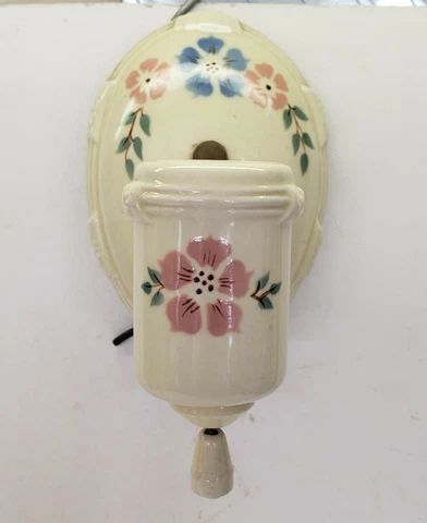 Vtg Raised Floral Ceramic Porcelain Flush Mount Light Fixture Sconce w/ Plug in Cover