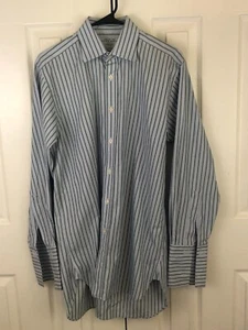 Charles Tyrwhitt Green & White Striped Blue Dress Shirt French Cuff Size 15 33" - Picture 1 of 6