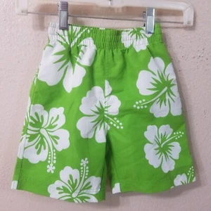 Kids boys Size 5 9x5 Swim Trunks Board Shorts Hawaiian Green Flower X246 - Picture 1 of 6