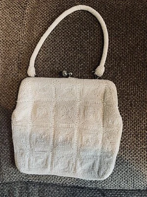 BOLSO CLUTCH VINTAGE BLANCO CON CUENTAS BODA GRADUACIÓN HECHO A MANO JAPÓN Estilo Pinup Foto 1 de 4