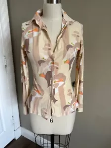 Vintage 70s Dagger Collar Fitted Shirt WOMENS S Abstract Floral Disco Shirt - Picture 1 of 10