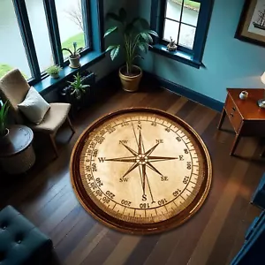Retro Compass Medallion Carpet Nautical Rug Marine Ocean Yacht Coastal Mat - Picture 1 of 3